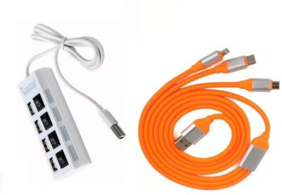 

durReey Set of Multi connectivity USB Hub with 3 IN 1 Lightning 8 Pin + ANDROID+ CType C47Y USB Hub, USB Cable(Orange, White)