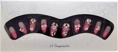 

One Personal Care Faux Sapphire Diamond & Pearl (Moti) Studded Flower Inspired Press On Artificial Nails - Bridal Series 03 Off White, Pink, Gold(Pack of 24)