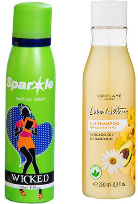 

Oriflame Sweden Love Nature 2in1 Shampoo for All hair types with Avocado & Chamomile 250ml (32624) With one sparkle perfume spray 150 ml(Set of 2)