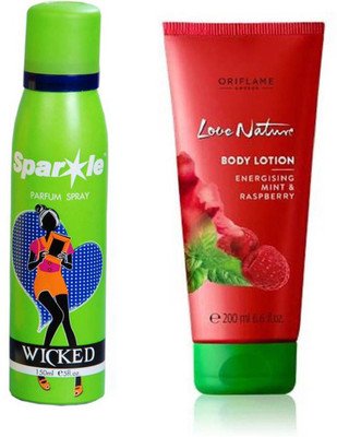 

Oriflame Sweden Love Nature Body Lotion with Energising Mint & Raspberry 200ml (32603) With one sparkle perfume spray 150 ml(Set of 2)