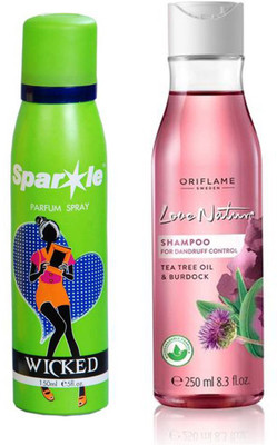 

Oriflame Sweden Love Nature 2in1 Shampoo for Flaky scalp with Tea Tree Oil & Burdock 250ml (32623) With one sparkle perfume spray 150 ml(Set of 2)