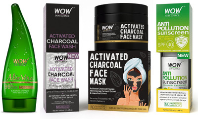 

WOW Skin Science Activated Charcoal Face Mask + Face Wash + Anti Pollution Sunscreen Lotion Combo Kit with Free WOW 99% Pure Aloe Vera Gel(Set of 4)
