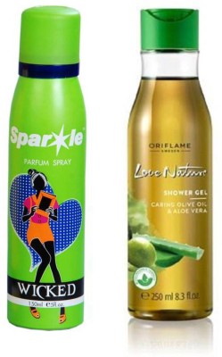 

Oriflame Sweden Love Nature Shower Gel with Moisturising Olive Oil & Aloe Vera 250ml (32608) With one sparkle perfume spray 150 ml(Set of 2)