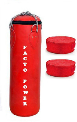 

Facto Power 4.0 Feet Long, PU Material, Red Color, Unfilled with Hanging Chain and 9 Freet Long Red Color Hand Wrap Pair Boxing Kit