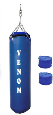 

Venom 7.5 Feet Long, SRF - STANDARD Material, Blue Color, Unfilled with Hanging Chain and 9 Freet Long Blue Color Hand Wrap Pair Boxing Kit
