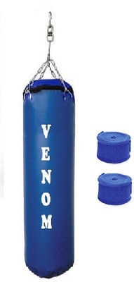 

Venom 6.0 Feet Long, SRF - STANDARD Material, Blue Color, Unfilled with Hanging Chain and 9 Freet Long Blue Color Hand Wrap Pair Boxing Kit