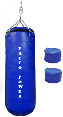 

FACTO POWER 4.5 Feet Long, PU Material, Blue Color, Unfilled with Hanging Chain and 9 Freet Long Blue Color Hand Wrap Pair Boxing Kit