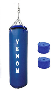

Venom 4.5 Feet Long, SRF - STANDARD Material, Blue Color, Unfilled with Hanging Chain and 9 Freet Long Blue Color Hand Wrap Pair Boxing Kit