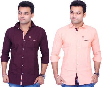 La Milano Men Solid Casual Brown, Orange Shirt(Pack of 2)