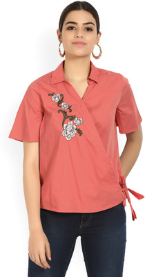 VERO MODA Casual Bell Sleeve Embroidered Women Red Top