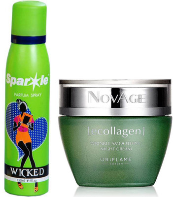 

Oriflame Sweden NovAge Ecollagen Wrinkle Smoothing Night Cream 50ml (31545) With one sparkle perfume spray 150 ml(Set of 2)