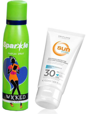 

Oriflame Sweden SUN Zone Whitening UVA/UVB Lotion SPF 30 (50ml) 30322 With one sparkle perfume spray 150 ml(Set of 2)