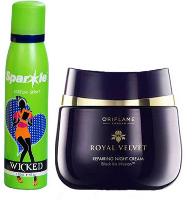 

Oriflame Sweden royal velvet repairing night cream 50 ml (22814) one sparkle perfume spray 150 ml(Set of 2)