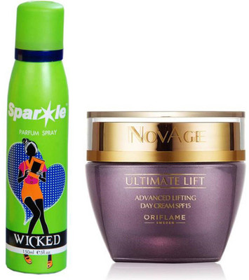 

Oriflame Sweden NovAge Ultimate Lift Advanced Lifting Day Cream SPF15 50ml (31540) With one sparkle perfume spray 150 ml(Set of 2)
