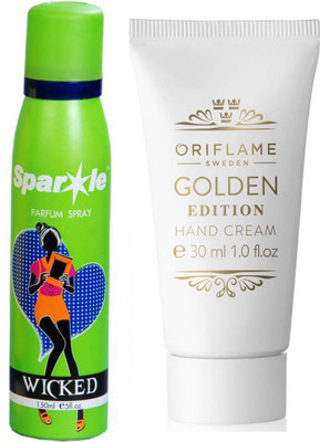

Oriflame Sweden Hand Care Golden Edition Hand Cream 30ml ( 33196 ) With one sparkle perfume spray 150 ml(Set of 2)