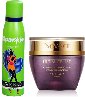 

Oriflame Sweden NovAge Ultimate Lift Overnight Lifting & Contouring Cream 50ml (31541) With one sparkle perfume spray 150 ml(Set of 2)