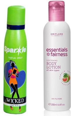 

Oriflame Sweden Essentials Fairness Softening Body Lotion UV Filters (32703) With one sparkle perfume spray 150 ml(Set of 2)