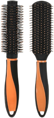 

Tiamo Hair Brush Neon Orange Combo Set of Flat and Round brushes for daily use and Grooming
