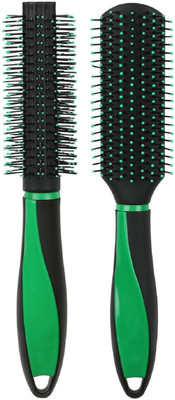 

Tiamo Hair Brush Neon Green Combo Set of Flat and Round brushes for daily use and Grooming
