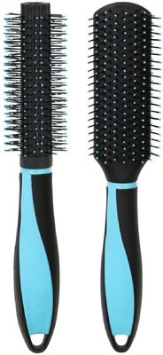 

Tiamo Hair Brush Blue Combo Set of Flat and Round brushes for daily use and Grooming