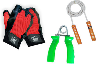 

Vixen Combo of Three, one Pair of 'Coni' sports Gloves Size Men's, one fitness hand grip and one skipping rope (Color On Availability) Gym & Fitness Kit