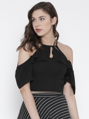 VENI VIDI VICI Casual Shoulder Strap Self Design, Printed, Solid Women Black Top