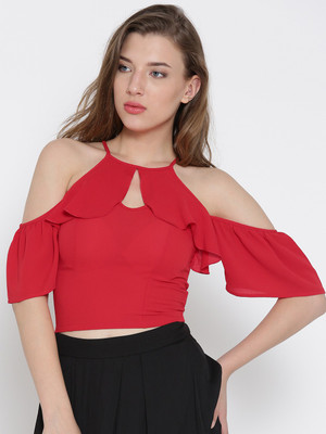 VENI VIDI VICI Casual Shoulder Strap Self Design, Printed, Solid Women Red Top