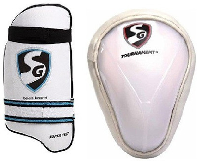 

SG Combo of Two- One 'Super Test' Thigh pad (Right Handed) () and one 'Tournament' Abdominal Guard (Size - ) (Color on availability)- Cricket Guard Combo(Multicolor