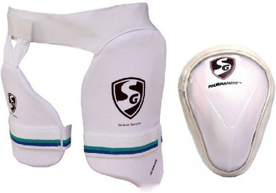 

SG Combo of Two- One 'Combo Ultimate' Thigh pad + inner pad Youth (Right Handed) (Men's) and one 'Tournament' Abdominal Guard (Size - Youth) (Color on availability)- Cricket Kit