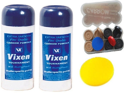 

Vixen Combo of Four- Two 'Tournament' carrom Powder , One Carrom Striker and One Box 'Carrom Men 777' Coins- Board Game