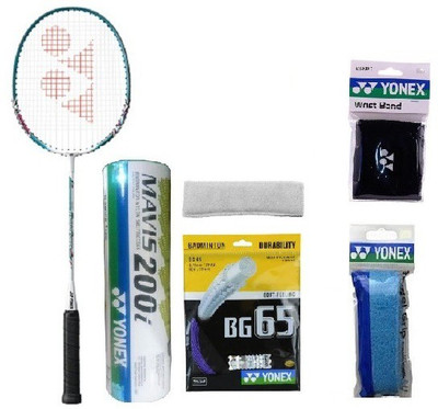 

Yonex Combo of Six- One 'Muscle Power 2' Racket, one 'BG 65' Badminton String, one Badminton Grip, one Wrist band, One Box 'Mavis 200i' Shuttle cock (Pack of 6) and one Head Band (Color on availability)- Badminton Kit