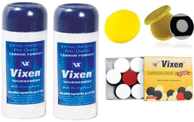 

Vixen Combo of Five- Two 'Tournament' carrom Powder , Two Carrom Striker and One Box 'Carrom Men Top' Coins- Board Game