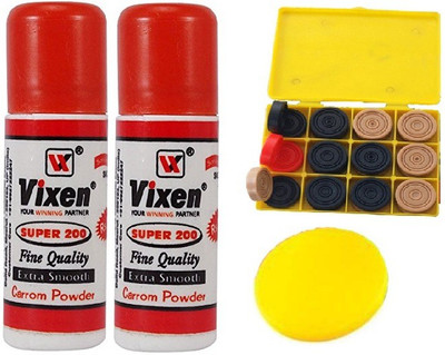 Vixen Combo of Four- Two 'Super 200' carrom Powder, One Carrom Striker and One Box 'Carrom Men 888' Coins- Board Game