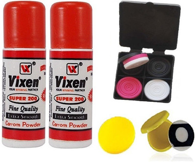 Vixen Combo of Five, Two 'Super 200' carrom Powder, Two Carrom Striker and One Box 'Carrom Men 444' Coins- Board Game