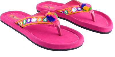 

AirSoon Women Pink Color Ethnic Trendy Pom-Pom V-Shap Flats