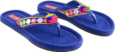 

AirSoon Women Blue Color Ethnic Trendy Pom-Pom V-Shap Flats