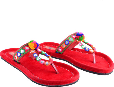 

AirSoon Women Red Color Ethnic Trendy Pom-Pom Suede Flats