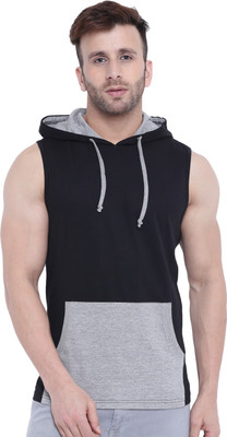 Gritstones Solid Men Hooded Black, Grey T-Shirt