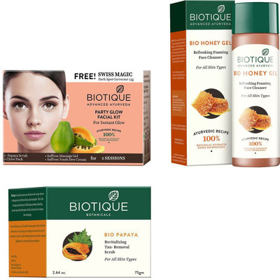 

BIOTIQUE BIO Bio Party Glow Facial Kit, Bio Papaya Revitalizing Tan Removal Scrub, Bio Honey Gel Refreshing Foaming Face Cleanser For All Skin Types(Set of 3)