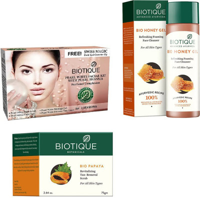 

BIOTIQUE BIO Bio Pearl White Facial Kit, Bio Papaya Revitalizing Tan Removal Scrub, Bio Honey Gel Refreshing Foaming Face Cleanser For All Skin Types(Set of 3)