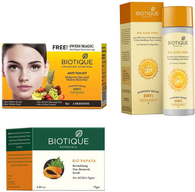 

BIOTIQUE BIO Bio Anti Tan Facial Kit, Bio Papaya Revitalizing Tan Removal Scrub, Biotique Aloe Vera Ultra Soothing Face Lotion SPF 30 UVA/UVB Sunscreen(Set of 3)