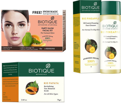 

BIOTIQUE BIO Bio Party Glow Facial Kit, Bio Papaya Revitalizing Tan Removal Scrub, Bio Pineapple Oil Control Face Cleanser For Normal To Oil Skin(Set of 3)