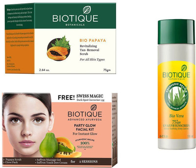 

BIOTIQUE BIO Bio Party Glow Facial Kit, Bio Papaya Revitalizing Tan Removal Scrub, Bio Vera 75+ Spf Sunscreen Ultra Soothing Body Lotion(Set of 3)