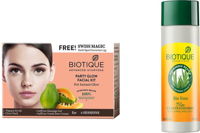 

BIOTIQUE BIO Bio Party Glow Facial Kit, Bio Vera 75+ Spf Sunscreen Ultra Soothing Body Lotion(Set of 2)