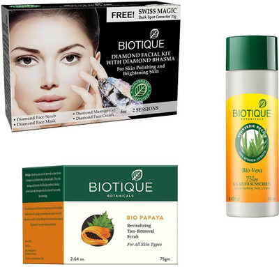 

BIOTIQUE BIO Bio Diamond Facial Kit, Bio Papaya Revitalizing Tan Removal Scrub, Bio Vera 75+ Spf Sunscreen Ultra Soothing Body Lotion(Set of 3)