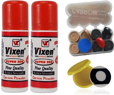 

Vixen Combo of Four- Two 'Super 200' carrom Powder , One Carrom Striker and One Box 'Carrom Men 777' Coins- Board Game