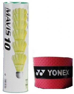 

Yonex Combo of two- One 'Mavis 10' Nylon Shuttle cock (Pack of 6) and One Badminton Grip (Color On Availability) Badminton Kit