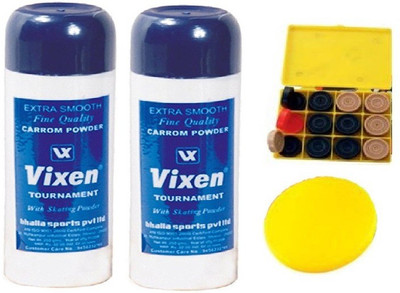 

Vixen Combo of Four- Two 'Tournament' carrom Powder , One Carrom Striker and One Box 'Carrom Men 888' Coins- Board Game