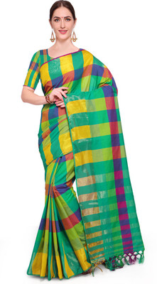 Ratnavati Checkered Kanjivaram Cotton Blend, Poly Silk Saree(Green) Ratnavati Checkered Kanjivaram Cotton Blend, Poly Silk Saree(Green)