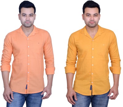 La Milano Men Solid Casual Orange, Beige Shirt(Pack of 2)